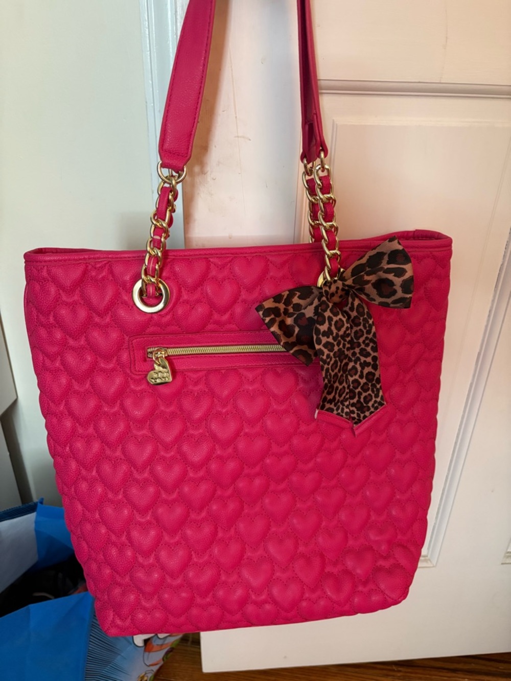 Betsey Johnson Bright Pink Quilted Heart Tote with Leopard Bow Accent